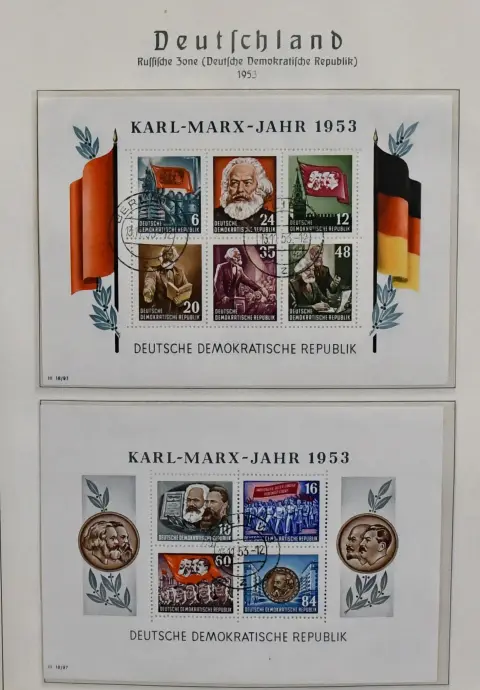 SBZ/DDR, 1945-1968, gebruikte verzameling in binder, vanaf wat SBZ, hoofdzakelijk DDR vanaf 1949 met vroegere uitgaven, o.a. Marx-blokken (Bl. 8-9A/B), Bl. 10-15, wat dienst etc.