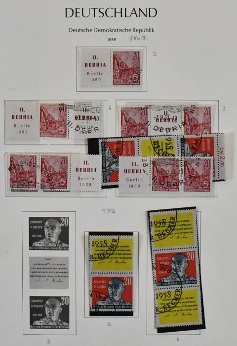 DDR, 1950-1990, omvangrijke tweedelige verzameling gestempelde se-tenant zegels, vanaf ca. 1955 waarschijnlijk compleet, incl. 5-jarenplan, Beurs '64, Olympiade '64, Klederdrachten I, Ruimtevaart, enz., maar ook daarvoor goed verzameld met se-tenant uit blokken 7, 11, 12, 13, 15, later ook met vele blok-van-vier combinaties. De cataloguswaarde zou boven 7000,- euro liggen, gestempeld zeldzamer dan postfris!