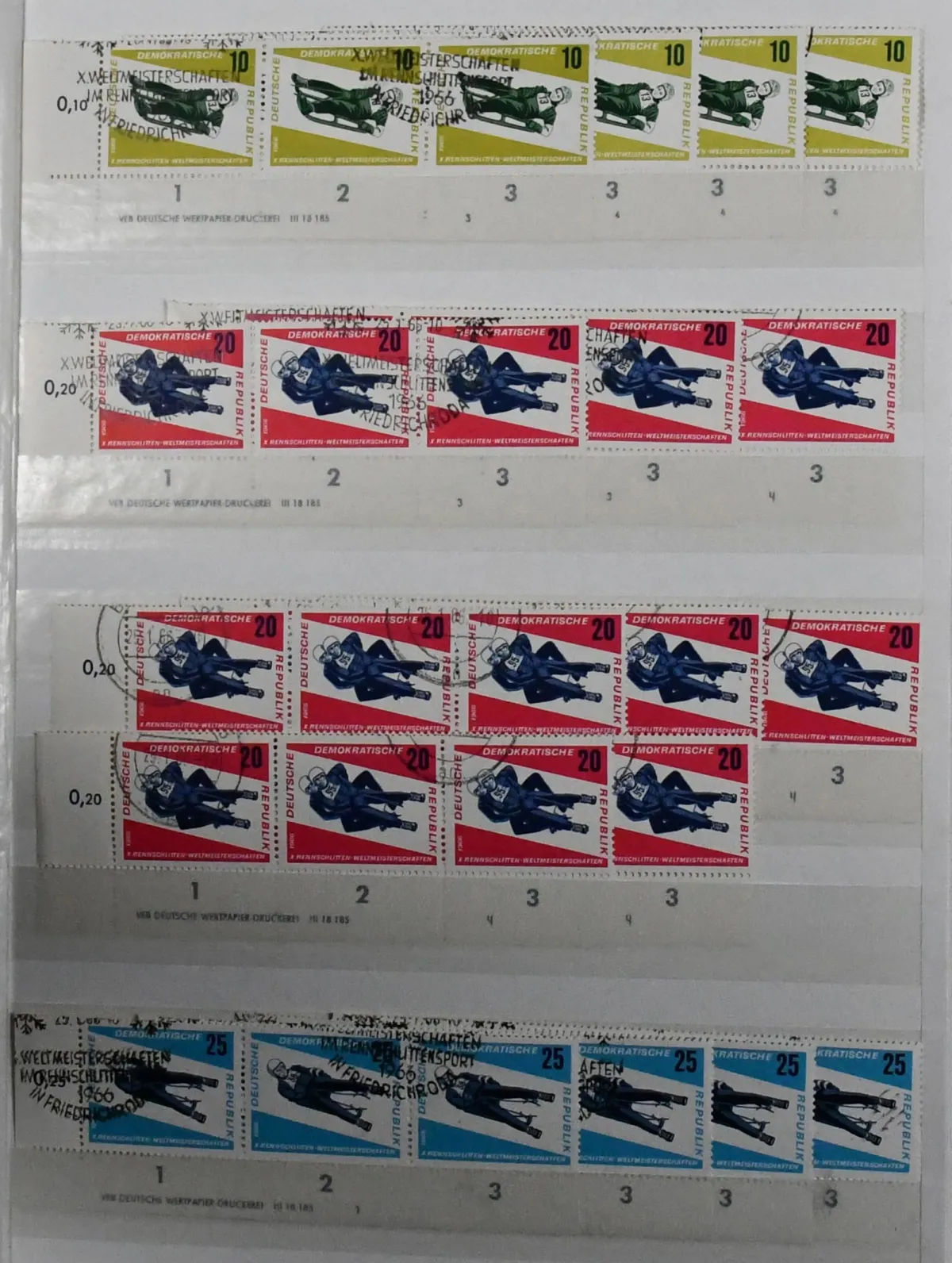 GDR, printing notes from 1966, extensive used compilation of many hundreds of strips of three and four from sheet corner, all with complete printing notes…