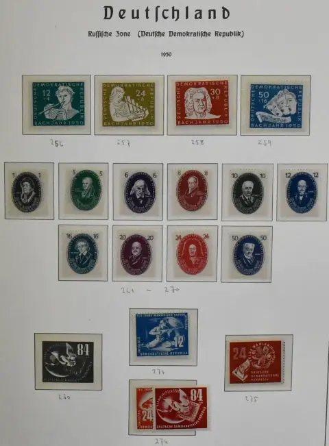 GDR, 1949-1966, clean complete mint collection in pre-printed album, including all better fair issues, Bach, Academy, Pieck series, Bl. 7, Chinese in good quality, Bl. 8/9A/B, Heads II, 5-year plans etc. Mi. 4400,-