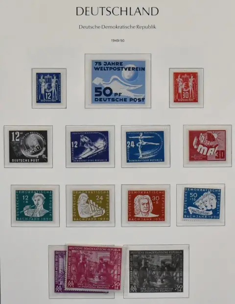 GDR, 1949-1990, complete mint never hinged (except two cheap values) collection in good quality, in three Leuchtturm pre-printed albums, with all beginnings, Bl. 7-15, Academy, Chinese, 5-year plan, Heads II, Pieck sets etc. Mi. approx. 5600,-