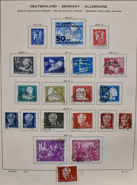 GDR, 1949-1990, two-volume old collection, practically overcomplete cancelled (without Marx blocks) with otherwise all beginnings, including among others Bach, Akademie, Chinesen, Köpfe II, additionally with Zus.-Dr. Messe '64, Dienst, with letters, among others cut block stamps from Marx blocks on letters etc. Mi. about 5000,-