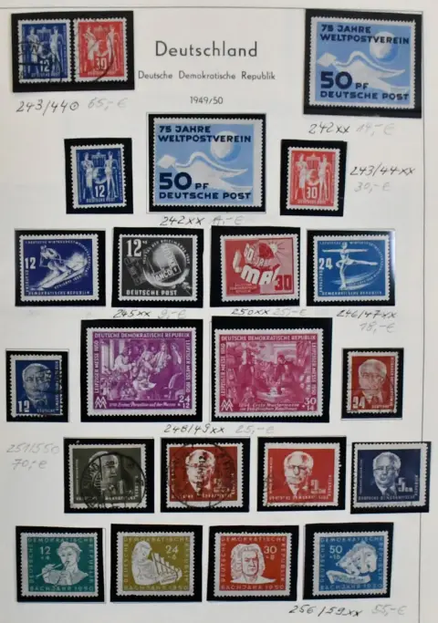 NDR, 1949-1990, z velké části kompletní sbírka ve smíšeném stavu, ve třech svazcích, s četnými začátky od č. 242, Messe Leipzig, Bach, Akademie ražené, Bl. 7, 282/83, 284/85, 286/88, Bl. 9B ražené, 10/11, 13, od 1955 téměř kompletní. Mi. 4500,-