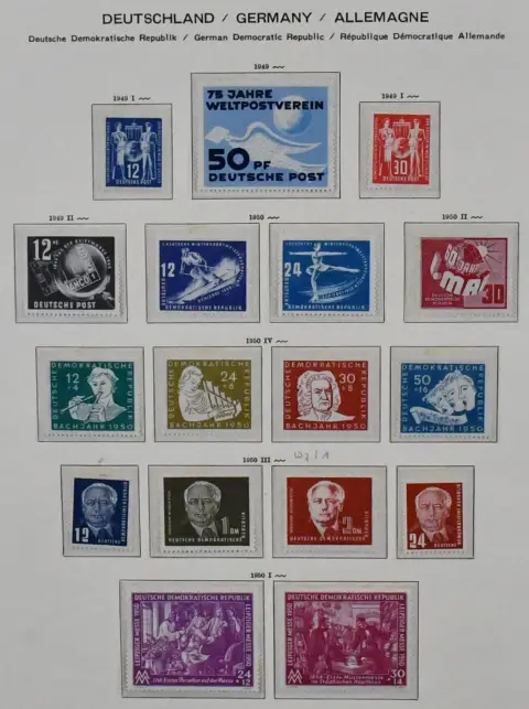 NDR, 1949/1966, kompletní nepoužitá sbírka kromě bloků a některých hodnot Pětiletky, zpočátku poněkud neupotřebená, od č. 242, v silném, těžkém pořadači...
