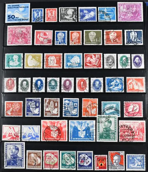NDR, 1949/1971, čistě razítkovaná, kompletní kromě několika hodnot ex č. 327/41 (80 Pfg. křídový papír včetně) a několika nevýznamných hodnot, se všemi lepšími vydáními, včetně č. 261/70, 286/88, blok 7 na dopise, všechny čtyři Marxovy bloky, bloky 10/19 atd., v kroužkovém pořadači Lindner. Mi. přibližně 4000,-