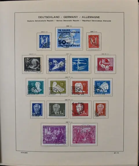 ГДР, 1949/90, гашёная (только блок 8/9B и № 332 негашёные), за исключением блока 7, полная коллекция со всеми лучшими выпусками, включая № 261/70, 286/88, Персоналии с 80 пфеннигами на лаковой бумаге, все четыре блока Маркса, блоки 10/19 и т.д., в двух альбомах с печатными листами Schaubek. Mi., всё по самой дешёвой оценке как любезное гашение, уже 4500,-