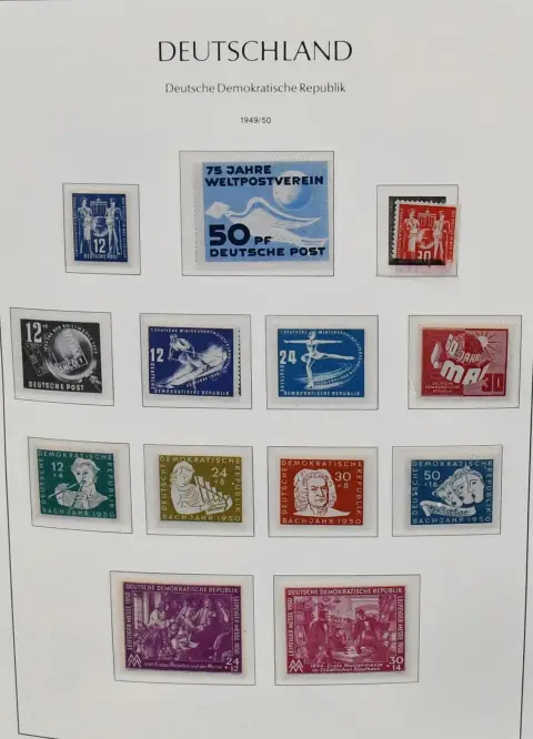 ГДР, 1949-90, без № 286-88 полная коллекция в трёх альбомах Leuchtturm с предпечатной разметкой, Bl. 7 и Академия малые дефекты клея, головы II без наклейки, в остальном **