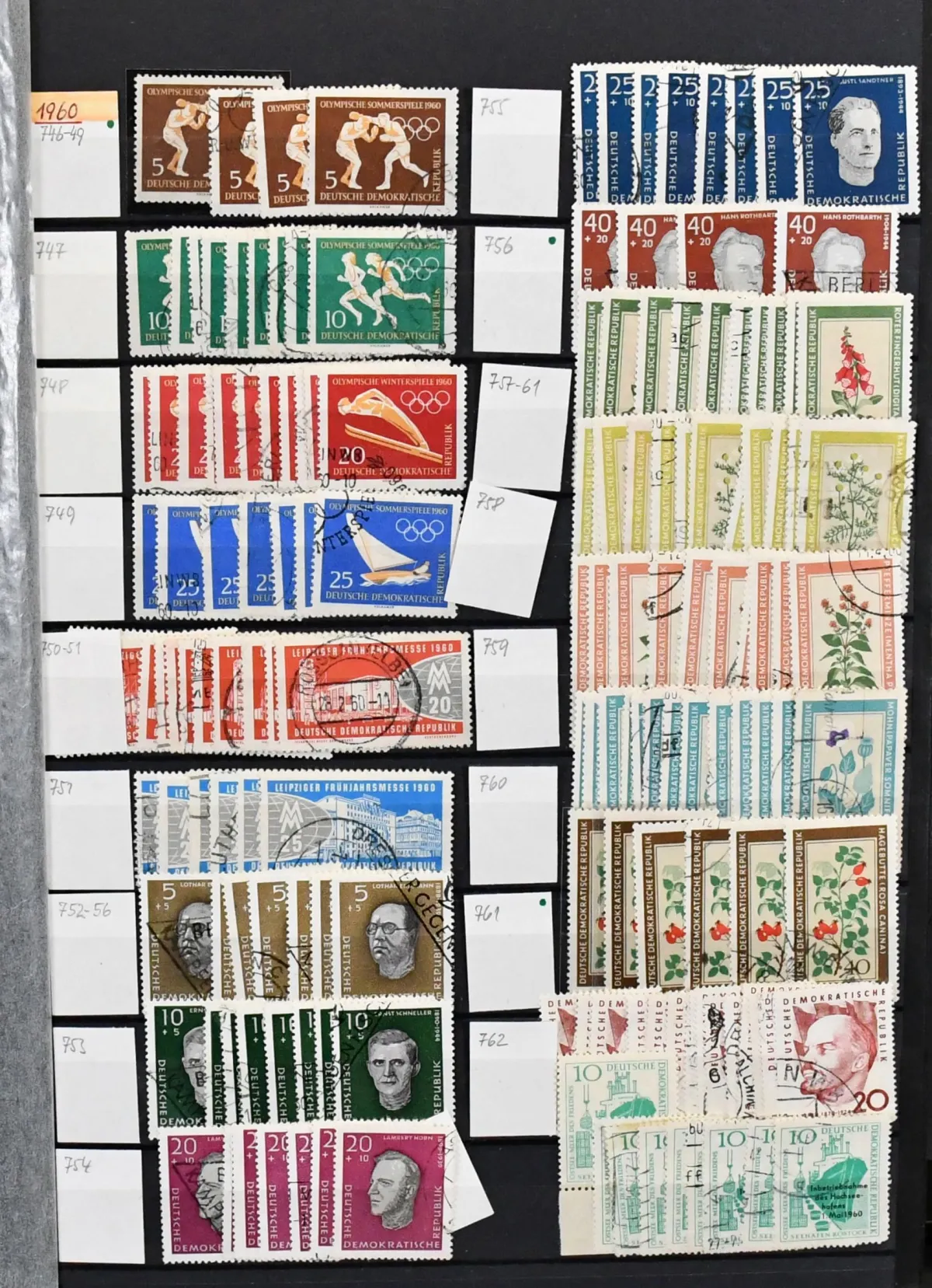 GDR, 1960/1990, extensive mint and used stock with a huge quantity of complete sets, chronologically in three thick albums. Mi. approx. 12,000,-