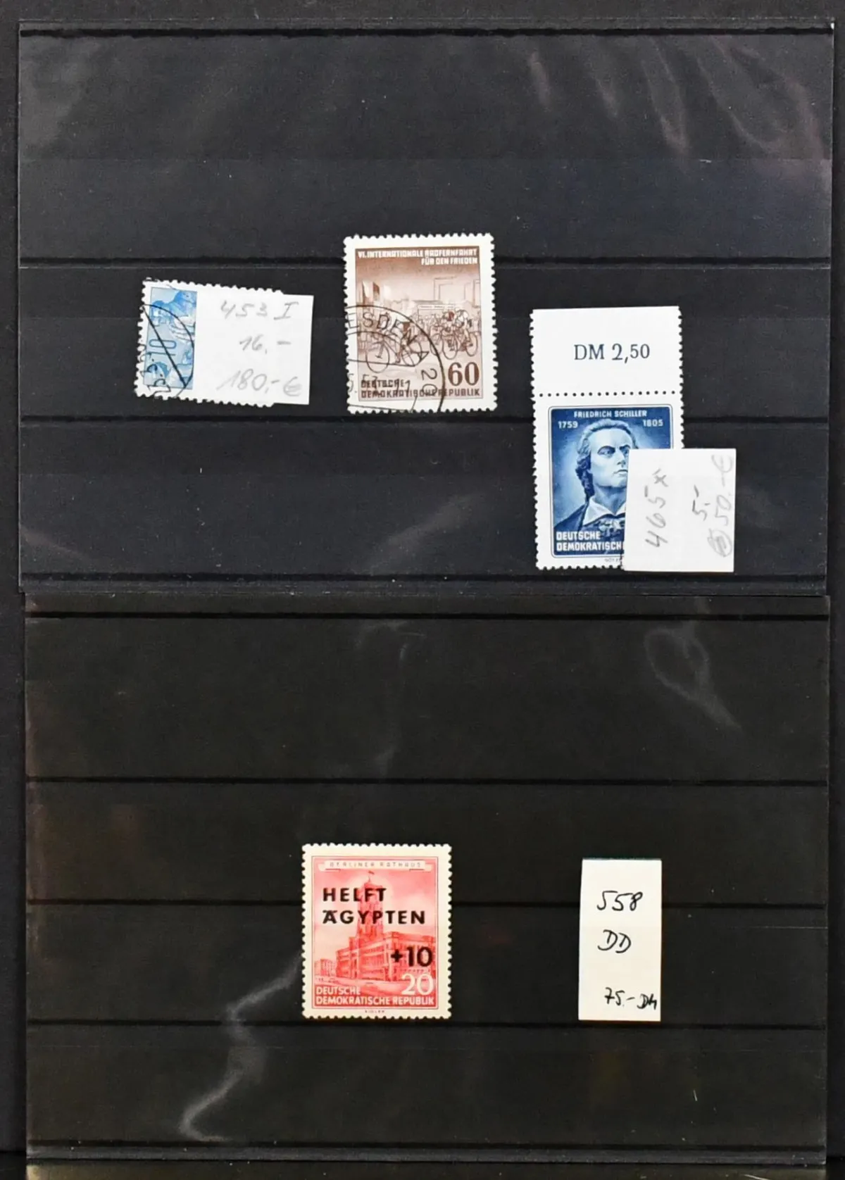 NRD, kolekcja błędów płytowych lata 50., w tym Bl. 10IV (Mi. 450,-), Bl. 12IV (160,-), Bl. 12X (450,-), każdy kasowany, nr 453I kas. (180,-), 558 czysty z...
