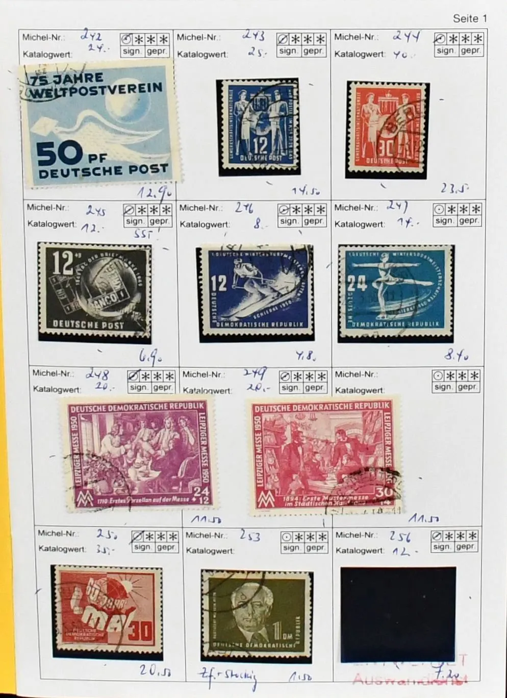 DDR, 1949-1957, anfänglich meist gest. Sammlungsteil inkl. Nr. 242-50, 261-70, 273-321 kpl., alle vier Marx-Bl. gest., später auch Zus.-Dr. FJP etc.