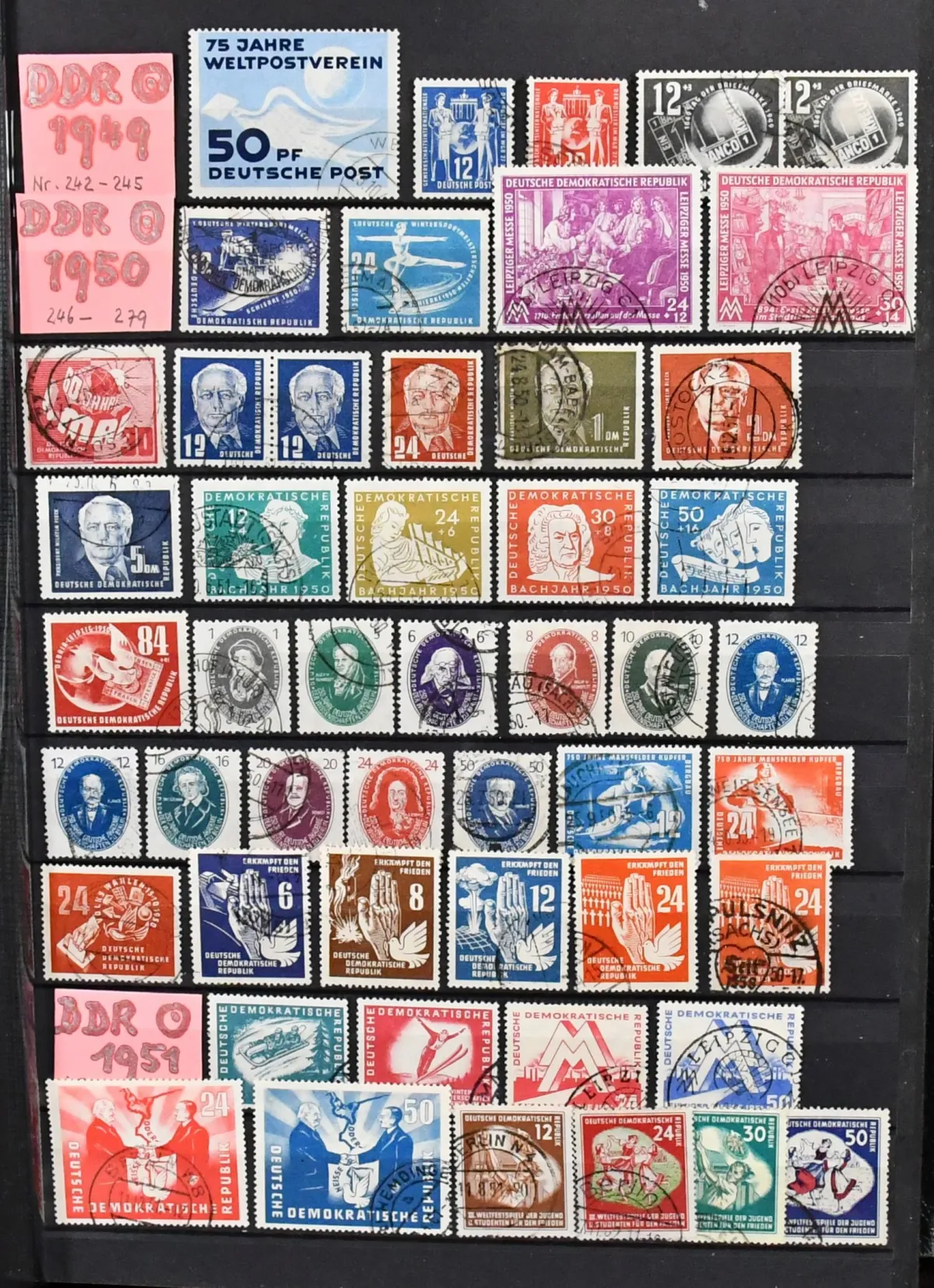DDR, 1949-1967, gest. Slg. im Album, dabei viele gute Anfangswerte wie z.B. Pieck, Bach, Akademie, deutsch-chin. Freundschaft auf Sonderblatt, Bl. 19 usw.,…