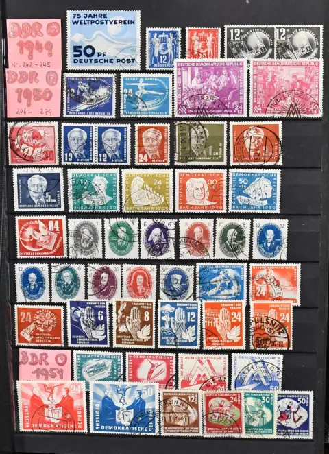 DDR, 1949-1967, gest. coll. in album, met vele goede beginwaarden zoals Pieck, Bach, Akademie, Duits-Chinese vriendschap op speciaal blad, Bl. 19 enz.,…