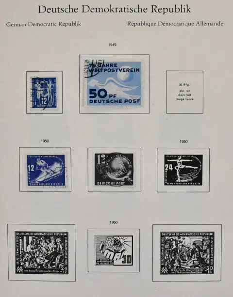 NRD, 1949-1969, kasowana kolekcja w albumie przedrukowym, w dużej mierze kompletna, od nr 242, z wartościami Akademii, Chińczycy nr 286/88, od 1955 prawie kompletna, także niektóre bloki jak bl. 12IV, bl. 19 itd. Mi. 2200,-