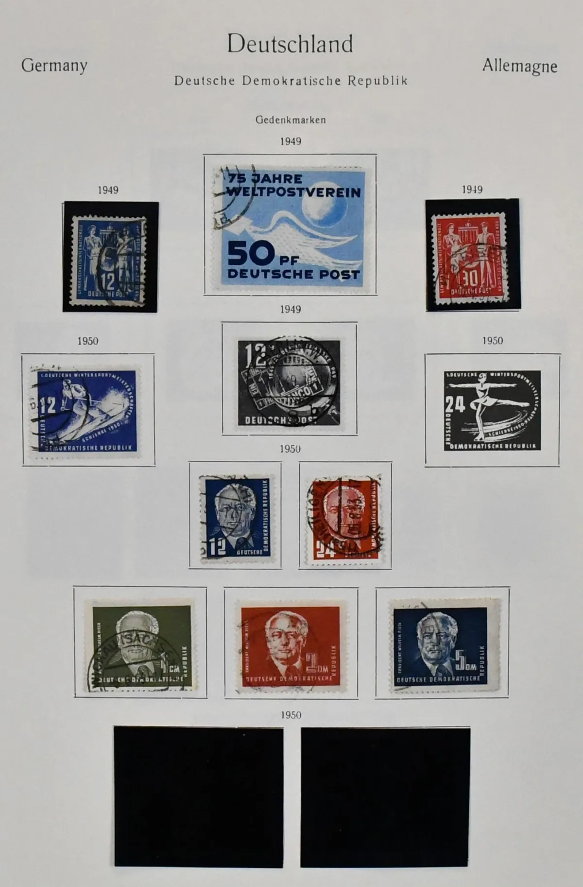 GDR, 1949-69, used coll. in pre-printed album with many early issues from no. 242, incl. Academy, Bl. 7 etc., from 1955 almost complete, incl. blocks, sheets, etc. Mi. over 2200,-