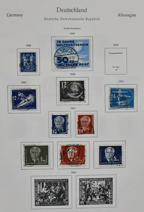 NRD, 1949-73, kolekcja kasowana w albumie z nadrukiem od nr 242, z Akademią, nr 286/88 itd., od 1955 prawie kompletna, w tym bloki, arkusze itp. Mi. ponad 2400,-