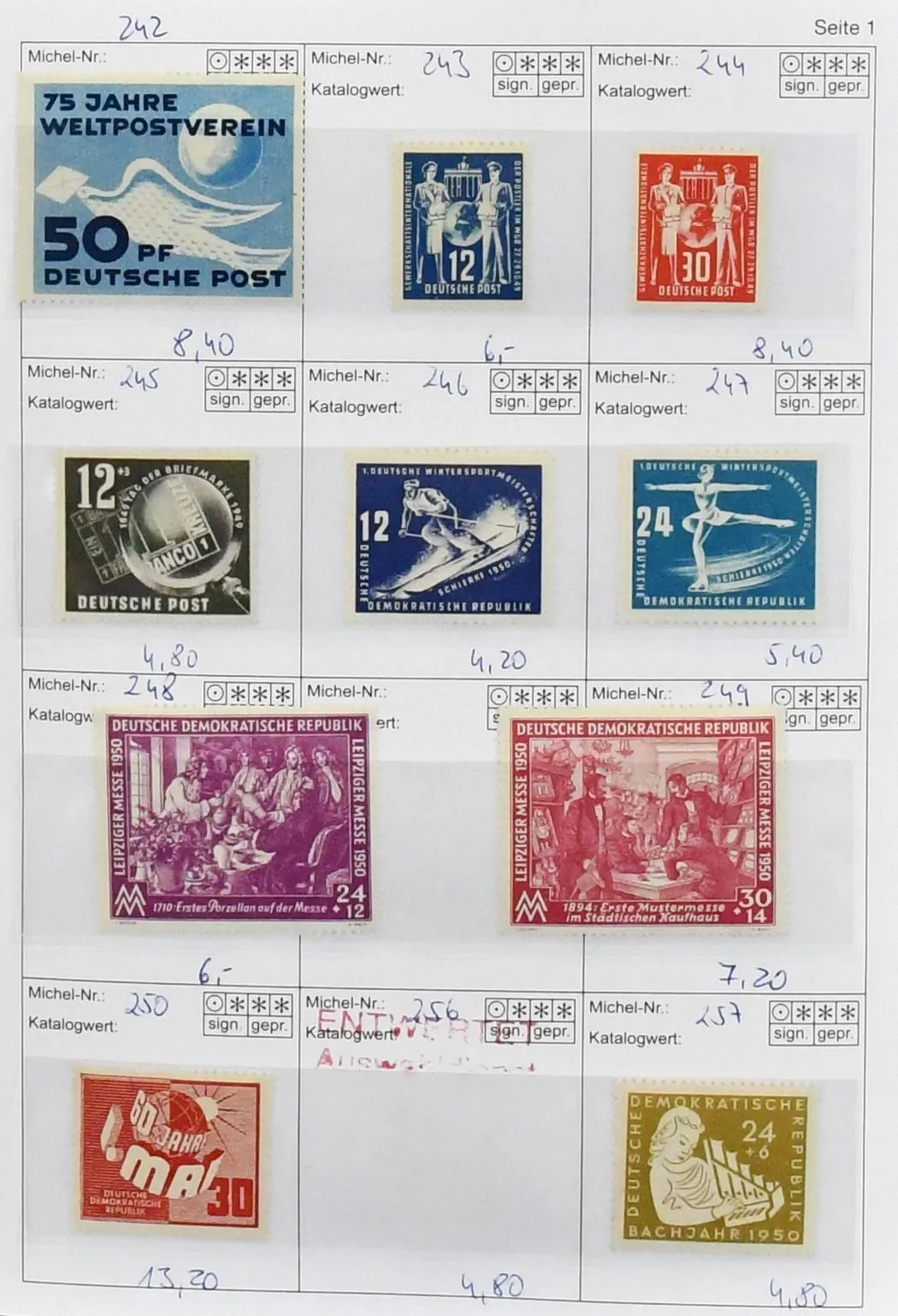 DDR, interessanter Material-Fundus, dabei postfrische Slg. aus 1949-65, teils dopp., inkl. Nr. 242-50, 261-70, 274-85, 293-310, Köpfe II mit 25 Pfg.,…