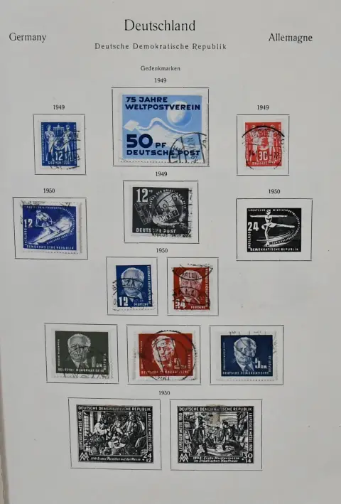 GDR, 1949/1963, used collection of the early years, in old KABE pre-printed album. Including no. 242/45, 256/70, 282/85 etc., from 1954, without Bl. 10/15, complete. Plus numerous se-tenant ex no. 958/62 etc. Mi. approx. 2000,-