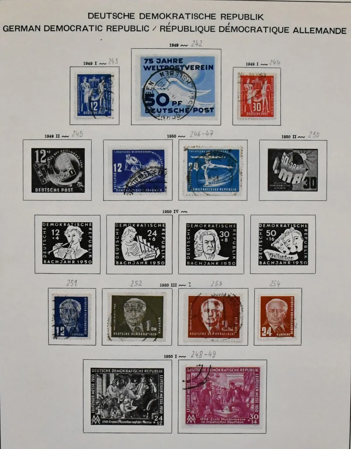 GDR, 1949-1969, used collection in pre-printed album, complete in sections, with early values from no. 242, ex no. 261/70, 286/88 (Chinese), later with blocks such as among others Bl. 19 etc. Michel 2200,-