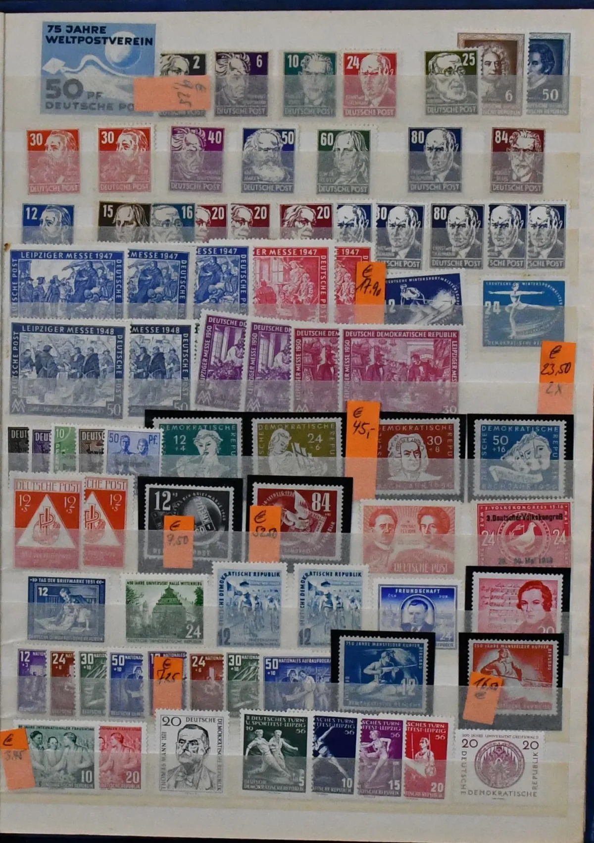 GDR, E-book with 1000 values from no. 242, including twice Bl. 7, once mint never hinged, both cut Marx blocks, Bl. 10/12 partly multiple, incl. one Bl. 12IX mint never hinged (Mi. 300,-) etc. Plus SBZ block 5Y