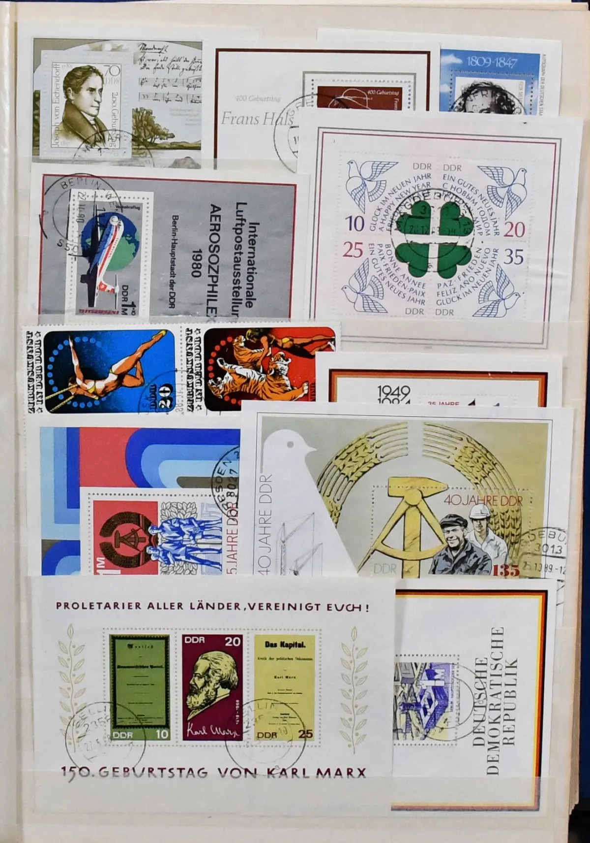 GDR, stamp album with about 1400 used values from 1949, including no. 248/49 (2), 261/70, 284/88, many se-tenant, including six-blocks no. 1039/44…