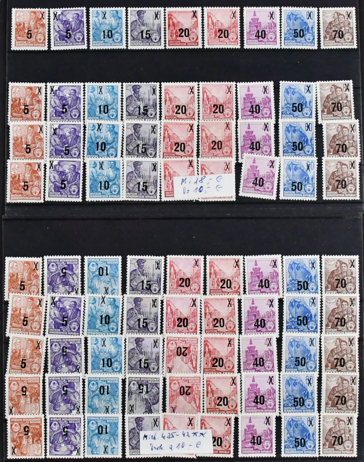 GDR, binder with among others better issues such as no. 261/70 mint and four times used (Mi. cheapest together 510,-), 435/42 multiple times mint/unused incl. no. 439 in two types etc.
