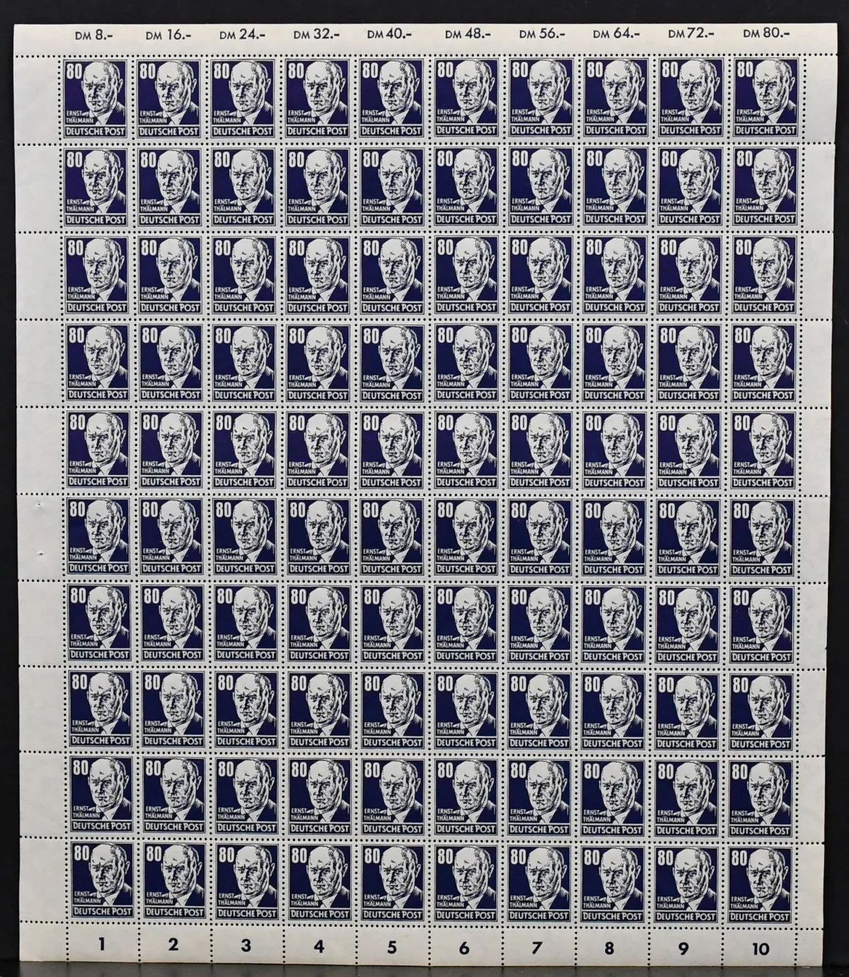 GDR, Köpfe II, no. 339 in complete mint sheet, folded once in the middle. Mi. cheapest, without possible plate flaws, already 800,-