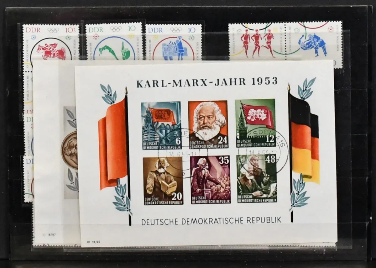 DDR, samenstelling incl. Bl. 8/9B met plaatsstempels (Mi. 440,-), evenals 15 verschillende postfrisse samendrukken ex nr. 1039/44 (Mi. 210,-)