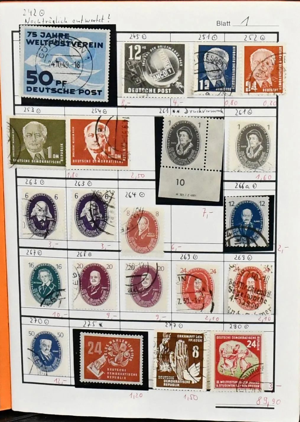DDR, oude vellenpartij vanaf gestempeld nr. 242, met nr. 261DV, veel middenwaarden, combinaties incl. nr. 1039-44DV enz.