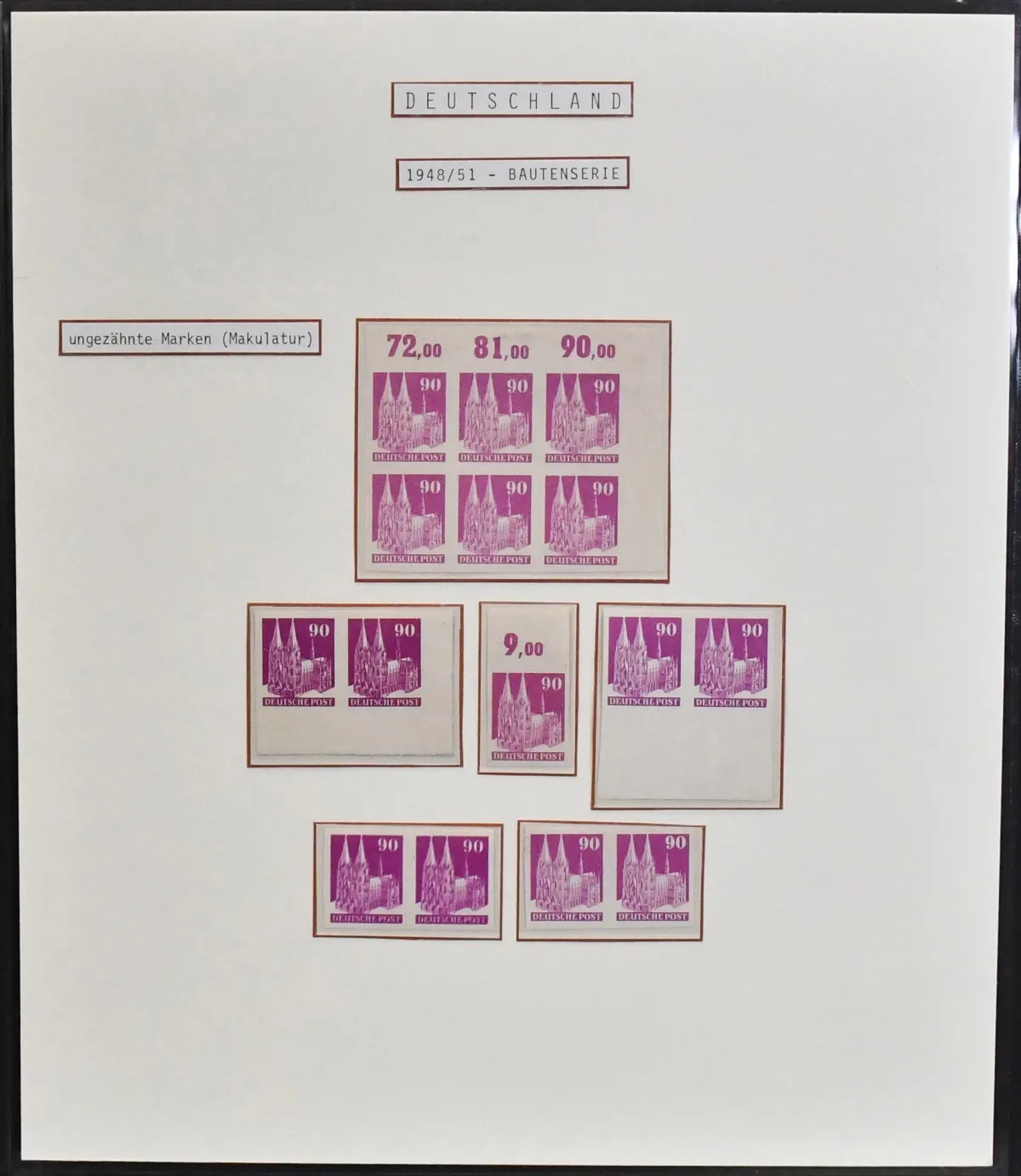 Bizone, buildings, special features, 37 imperforate values from 10 to 90 Pfg., seven of them additionally with double print (waste!), furthermore three perforated…