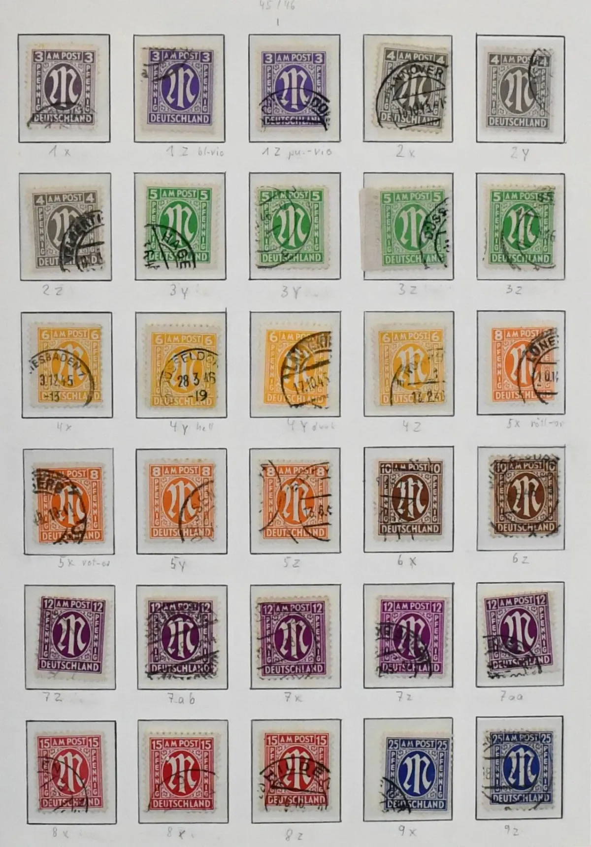 Bizone, 1945/49, gestempelte Partie mit AM-Post, sehr reichhaltig nach Zähnungen spezialisiert, vielen Aufdruckwerten inkl. Nr. 53II, tiefst gepr. Schlegel…
