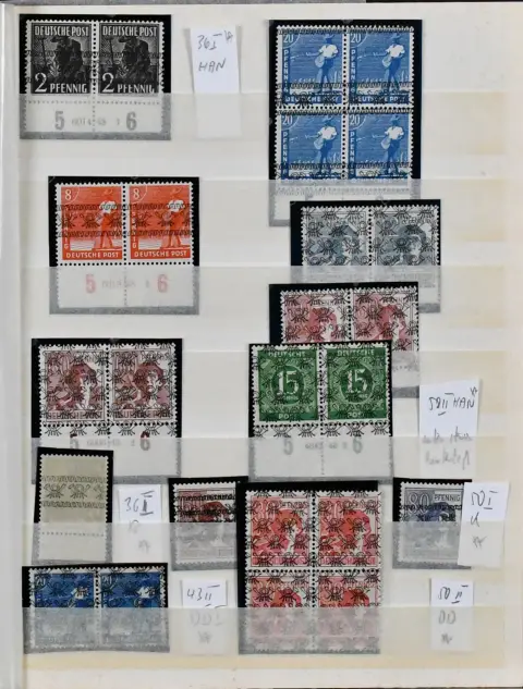 Bizone, páskové/síťové přetisky, postfrisch partie zvláštnosti včetně č. 36I HAN-pár, totéž 38I, 40II část-HAN, 43I HAN (podepřeno), 49II část-HAN, A49II HAN (podepřeno), 58II HAN, dále č. 36IIR, 43IIDDI, 46IIDDI (4, Mi. neznámé), 50IK, jakož i 63IIP (nález Schlegel, vzácná raná varianta). Mi. cca 1700,- +