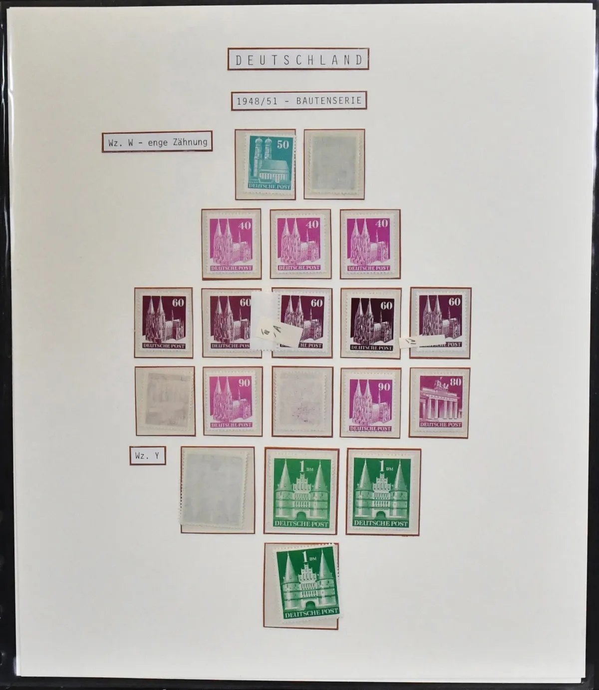 Bizone, Buildings, good tight perforation, compilation with among others a complete mint set, as well as various values extra, e.g. a total of four times the 1 Mk.