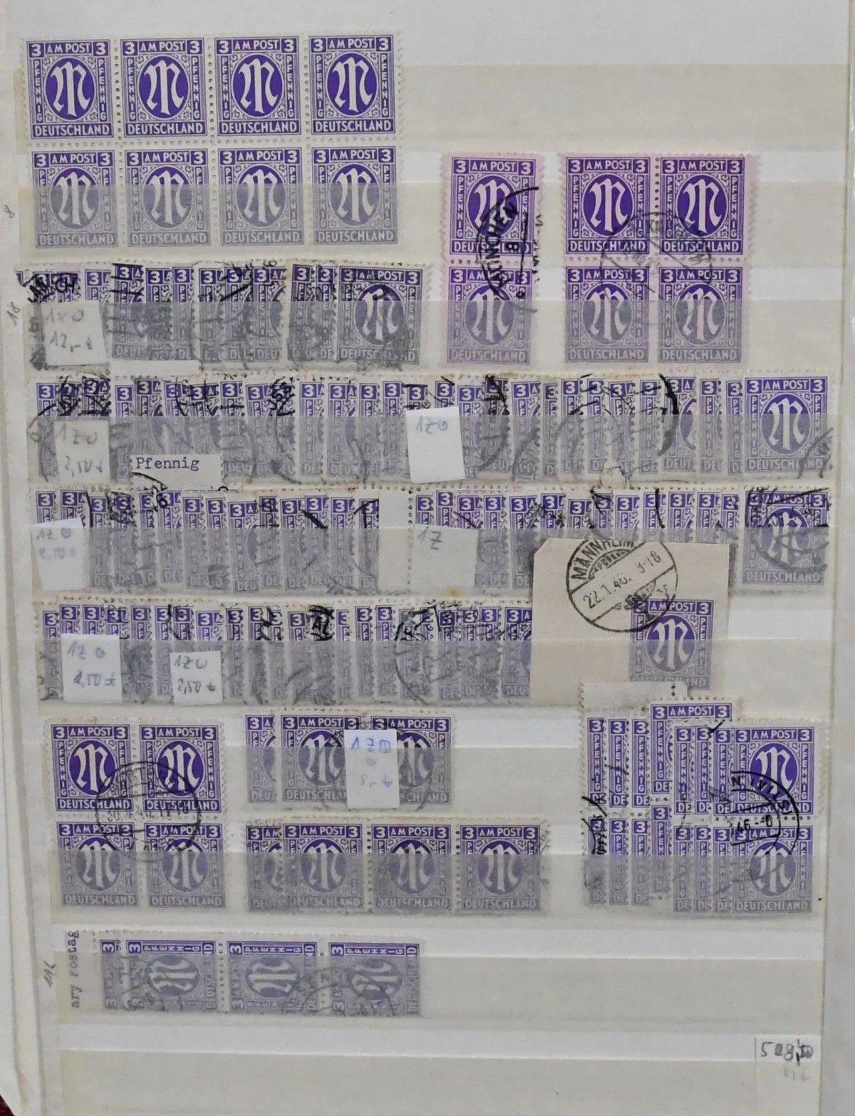 Bizone, AM-Post, classeur avec bien 5000 timbres des valeurs 3 à 25 Pfg., dont nombreuses unités et bords, sûrement une mine pour spécialistes