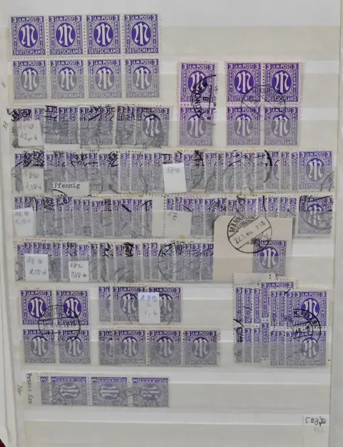 Bizone, AM-Post, Lagerbuch mit gut 5000 Marken der Wertstufen 3 bis 25 Pfg., dabei viele Einheiten und Randstücke, sicher Fundgrube für Spezialisten