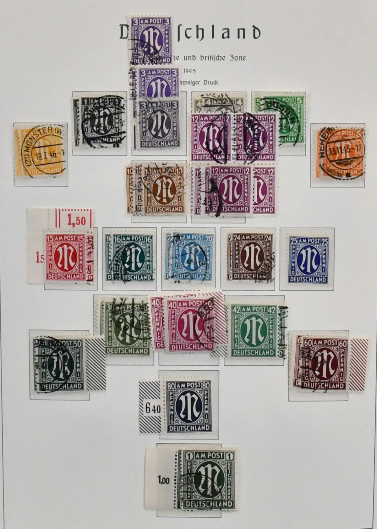 Bizone, 1945/49, almost complete collection from no. 1/35, with no. 36/51I/II, Bauten overcomplete, Bl. 1 mint (Mi. 140,-) etc., on Leuchtturm preprinted sheets. Michel almost…