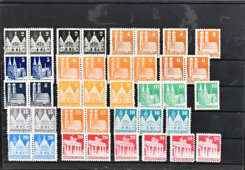 Bizone, 1948/49, postfrische Zusammenstellung mit Nr. 69/72 per sieben, Bauten mit u.a. Nr. 93wg (Mi. 100,-), 94eg im waager. Paar (240,-, kl. Gummimgl., kein…