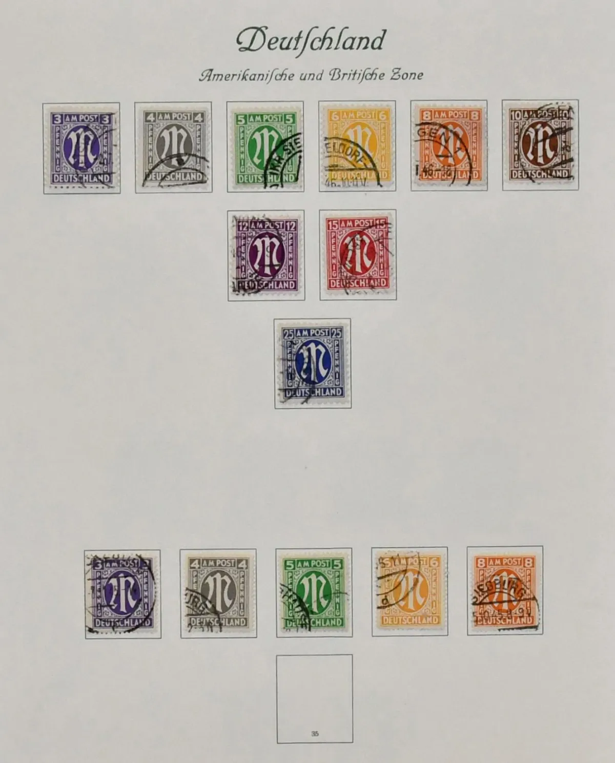 Bizone, 1945/49, predominantly used collection from AM-Post, with no. 36/51I/II incl. no. 49I, Buildings, no. 101/10, Bl. 1 on commemorative sheet (Mi. for FDC 500,-) etc., on Borek preprinted pages