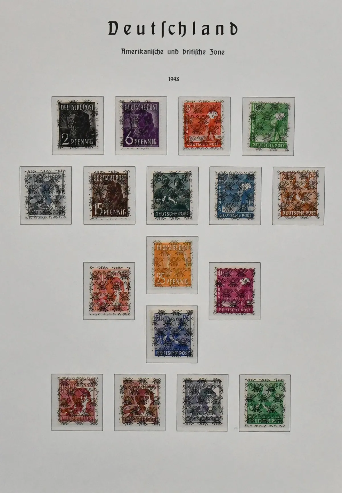 Bizone, mint collection on preprinted pages, with AM-Post all three printings, overprints I and II, band/net numerals unchecked, Bauten imperforate, Bl. 1 etc.