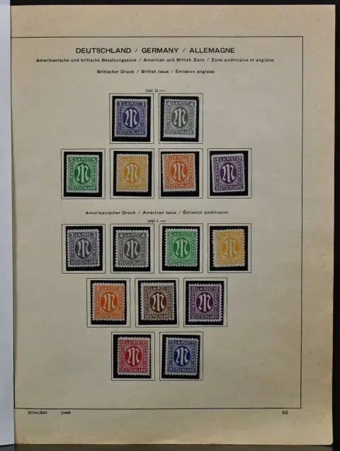 Bizone, 1945/49, postfr./ungebr. Slg. ab AM-Post, mit Aufdruckwerten, Bauten Nr. 101/10 postfr., auf Vordrucken. Dazu Bl. 1 mit SST (Mi. alleine 250,-)