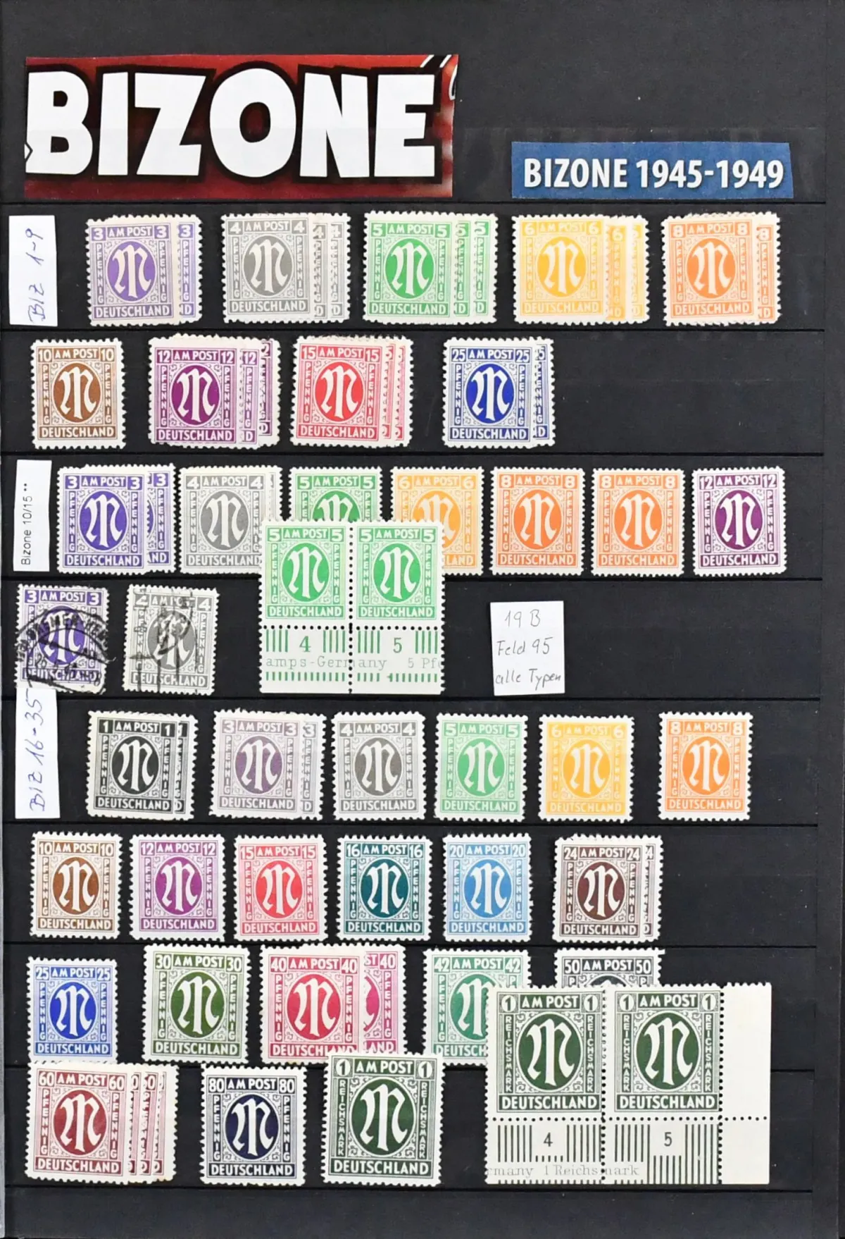 Bizone, 1945/49, Slg. ab Nr. 1/35, mit Nr. 36/51I/II, ohne Nr. 49, postfr. kpl., Bauten eg/wg, Bl. 1 postfr. (Mi. 140,-) und Nr. 101/10