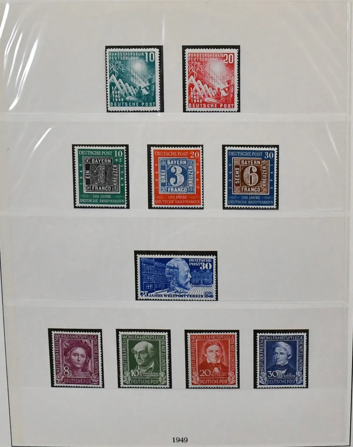 SRN, 1949-1969, sbírka nová v albu Lindner-T, kromě 25, 60 a 90 pf. Posthorn kompletní se všemi vrcholy, např. č. 111-12, 113-15, 116, 117-20, 121-22, 70 a 80 pf. Posthorn, 139-40 atd., vysoká katalogová hodnota