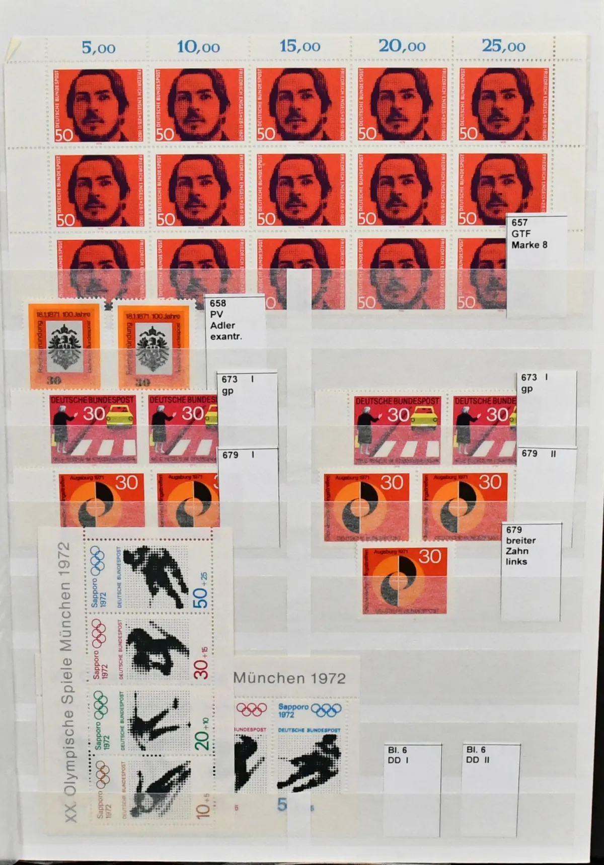 Bund, 1970-1982, postfrische Spezialslg. nur Besonderheiten, dabei Plattenfehler wie Nr. 673I, 679I/II, Bl. 8 dreimal mit gleichem Plattenfehler "Farbfleck",…