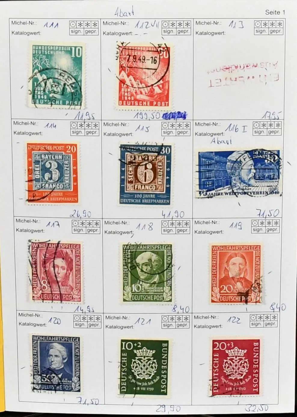 Bund, 1949-1955, used, often specialized collection from no. 111, 112VII (Mi. "-.-"), 115, 116I, 117-36, Posthorn incl. additional prints, VB no. 131, 139-218 complete,…