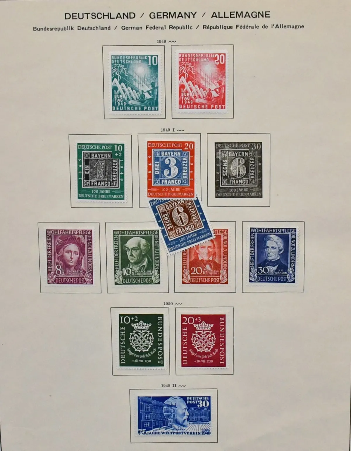 Bondsrepubliek, 1949/1958, complete ongebruikte verzameling van de gezochte eerste jaren, met alle betere uitgaven zoals o.a. nr. 111/22, Posthorn-serie (Mi. 700,-), nr. 139/42, alle welzijnsseries, nr. 177/96 enz., op oude Schaubek-vellen
