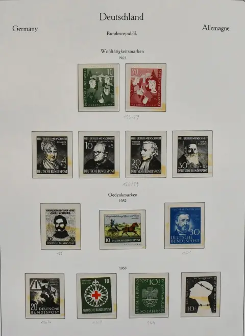SRN, 1949/2000, sbírka bez nálepky od č. 111/12, s mj. č. 167/70, 200/203 atd., kompletní od 1955-2000, vč. Heuss Lumogen a ležících vodoznaků, ve třech silných…