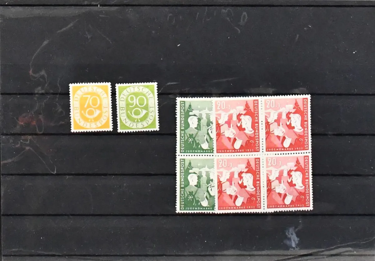 Germany, first issues, mint never hinged/unused stock incl. 70 and 90 pf. Posthorn (each with hinge), 153-54 in mint never hinged, as well as two Heuss sets