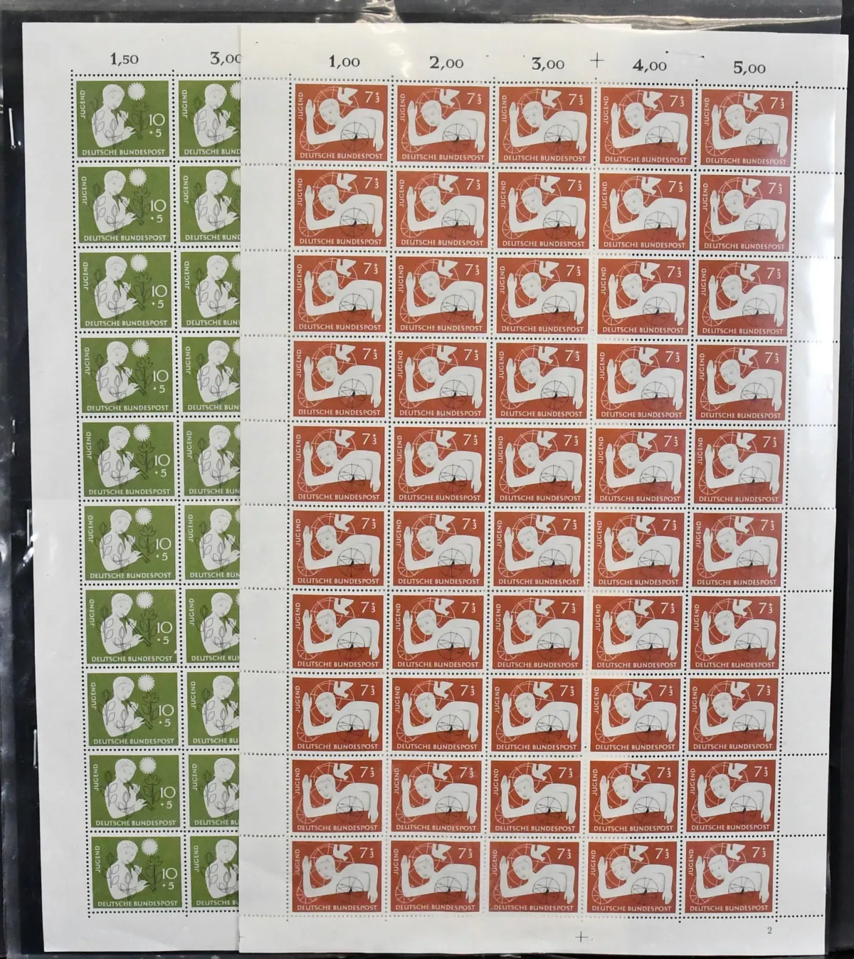 Bund, Jugend 1956, Mi.-Nr. 232-33 im kpl. Bogensatz postfrisch (dabei Nr. 232FNR2), Mi. mind. 500,-