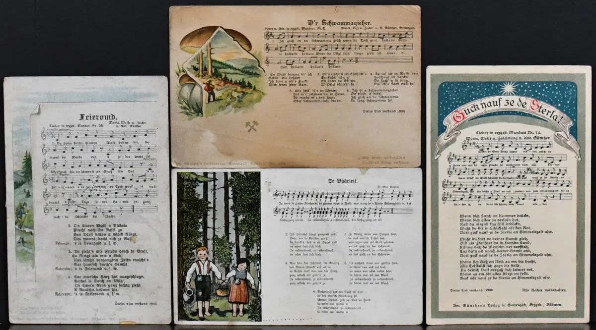 Erzgebirge, "Liedgut im Erzgebirge", collection of 25 old postcards around 1900, mostly lithos