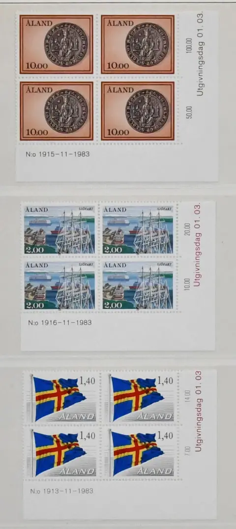Skandinávie, partie s Ålandy 1984-1992 čisté ve čtyřblocích, plus čtyři použité jednotlivě, také MH, něco Faerské ostrovy. Mi. cca 1000,-