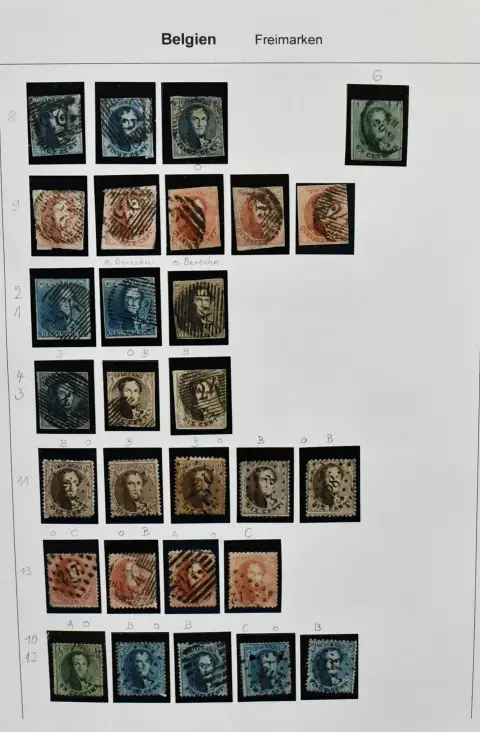 Belgie, 1849-1960, sbírka v obou stavech na vlastnoručně vyrobených listech v kroužkovém pořadači, včetně zajímavé klasické části č. 1, 2(2), 3(2), 4, 6, 8(3),…
